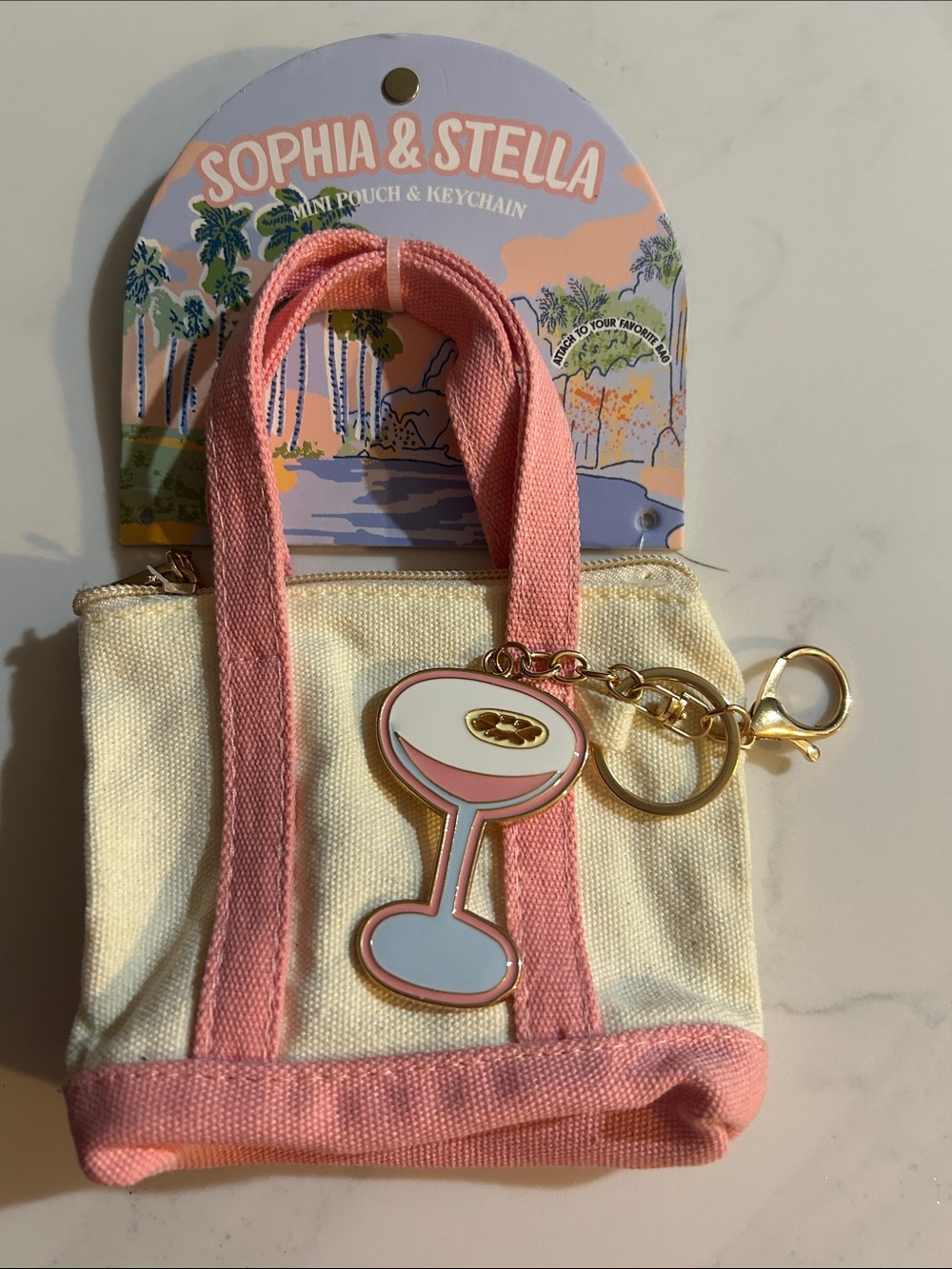 Cream Mini Tote with Pink Trim and Gold Keychain
